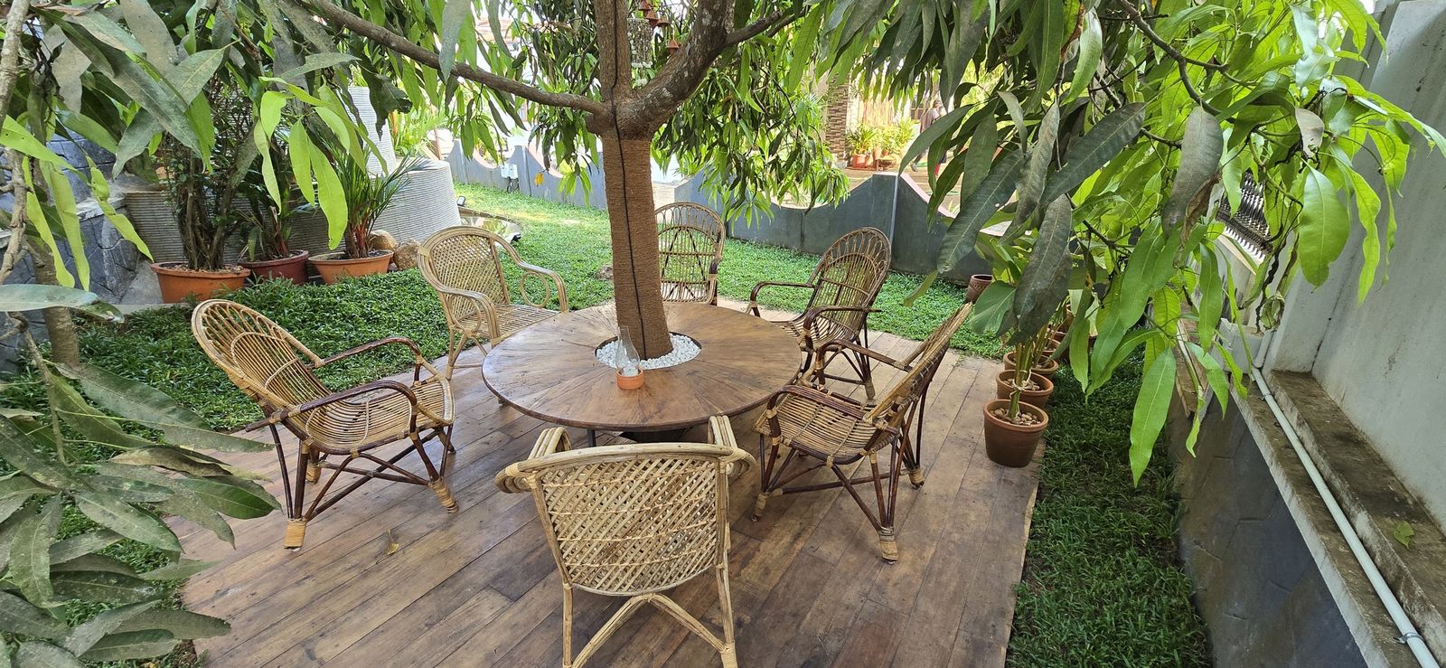 The shaded garden deck outside Casa with cane chairs