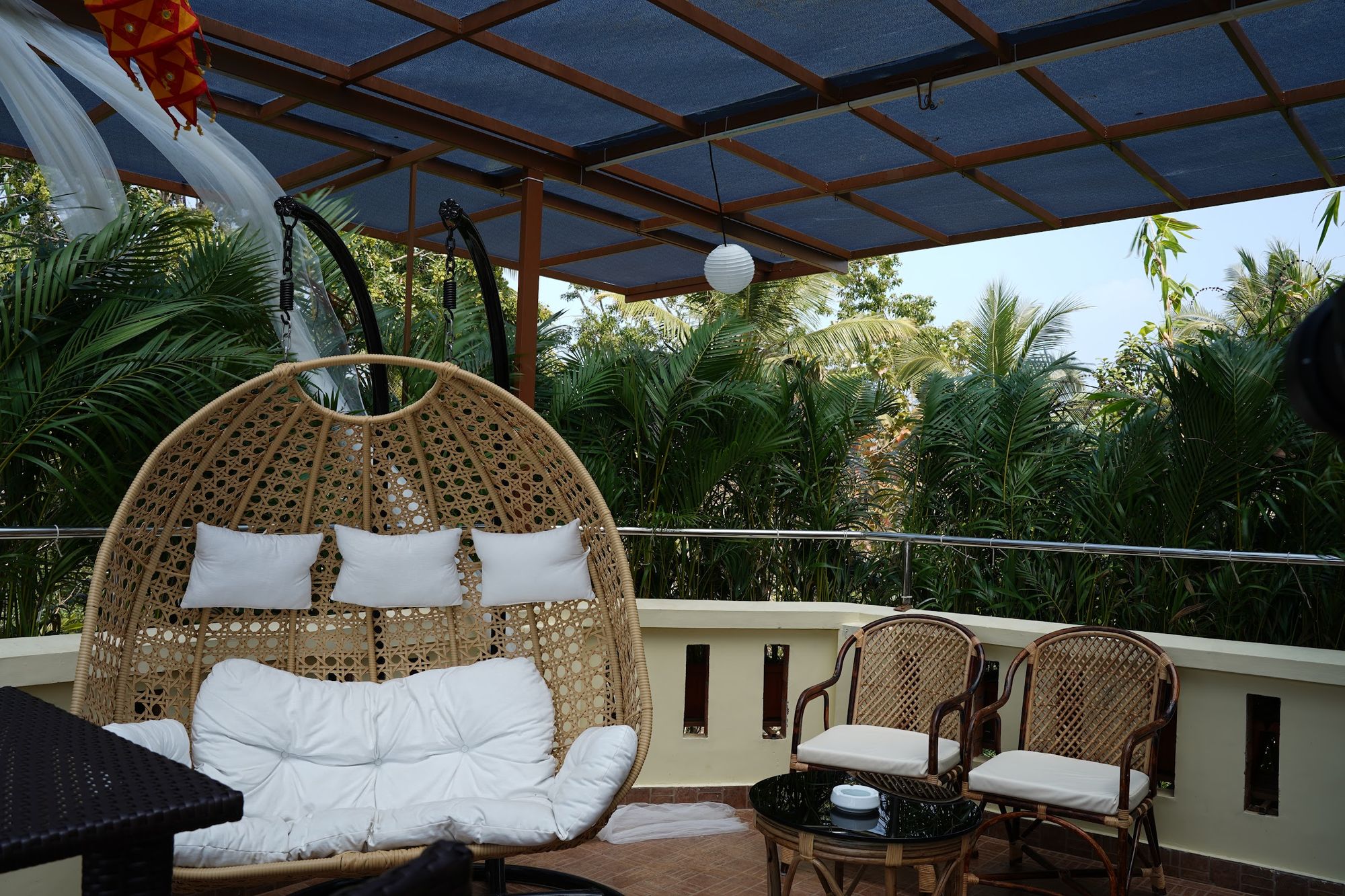 A hanging cane chair on the terrace of The Cove, palms and the sea beyond